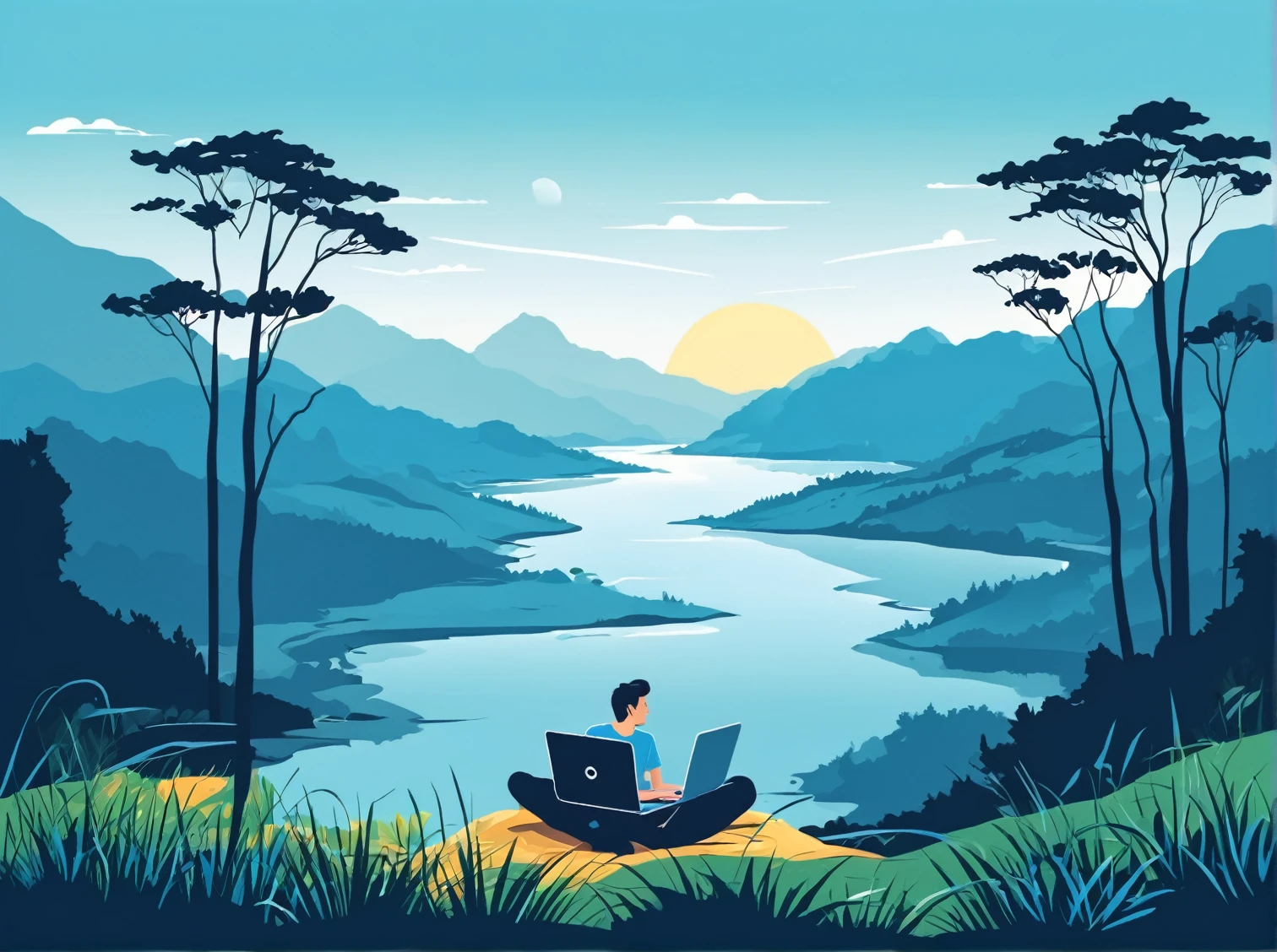 a young man working on a laptop in a nature landscape, remote work, summer, vector illustration, minimalistic art, blue t-shirt