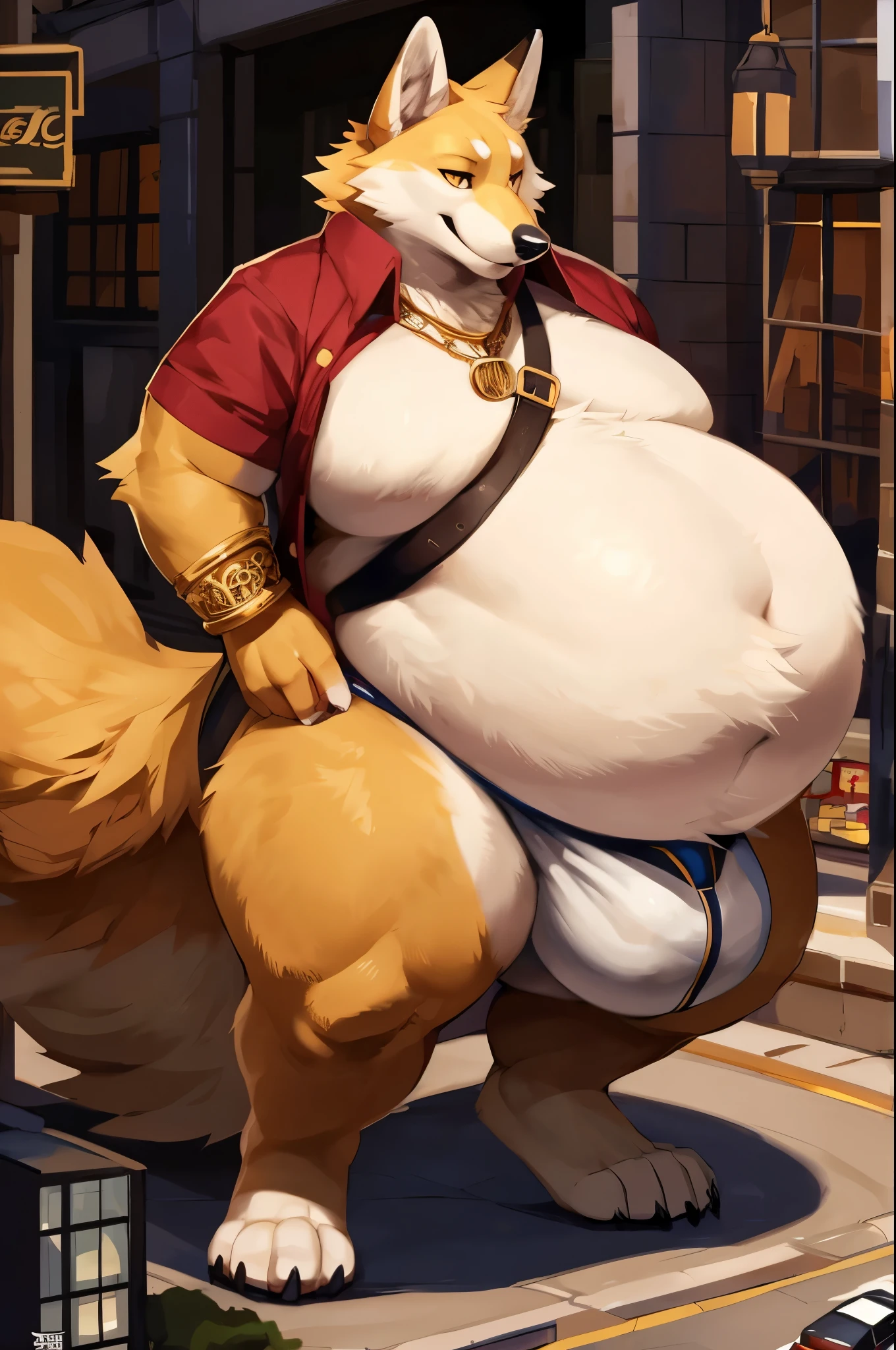 4k ultra quality, 4k full body view,ultra high detailed body,feral fox, white belly fur,big belly, (round belly), hyper belly, enormous belly, enormous body, bulge,by mystikfox61, by glitter trap boy, by bebebebebe,by morethreedee, by seibear,(thick thigh),(chubby thigh),thicc thigh,thick legs,chubby legs,thicc legs,enomorous thigh,massive thigh,massive legs,(detailed thigh),(wide thigh),thick butt,fluffy belly,furry belly,sharp nails,((sfw)),(detailed face),detailed eyes,golden eyes,(golden fur),big tail,fluffy tail,(detailed tail),enomorous tail,bigger tail,huge tail,bloated feral belly,enomorous thigh,fluffy paws,detailed paws,thick paws,chubby paws,ornate necklace,golden bracelet,multiple belts,(animal focus),(macro),in a city,(hyper penis),huge balls,huge bulge,hyper bulge,collared shirt with buttons