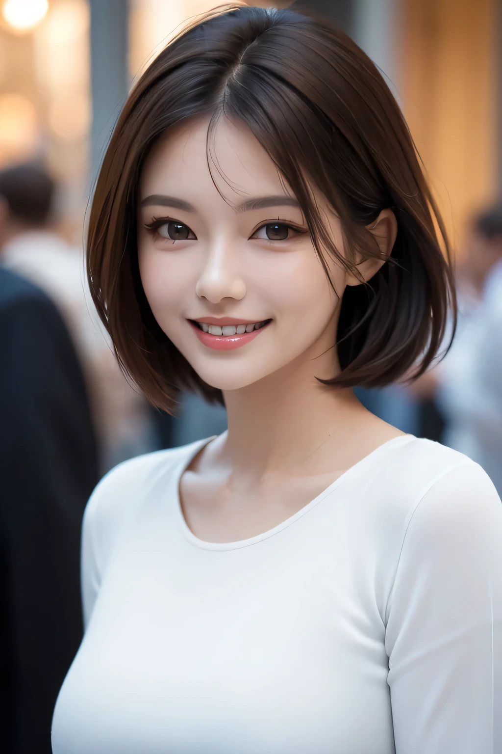 ((masterpiece)), ((Highest quality)), ((Complex)), ((Surreal)), (Realistic), (Mature Woman), ((No classes)), Very detailed, (1 female), Beautiful and exquisite, (Beautiful Teeth), Grin, Brunette Bob Hair, Brown eyes, ((blouse)), (Upper Body), (background:none), Perfect Eyes, Captivating eyes, Looking at the audience