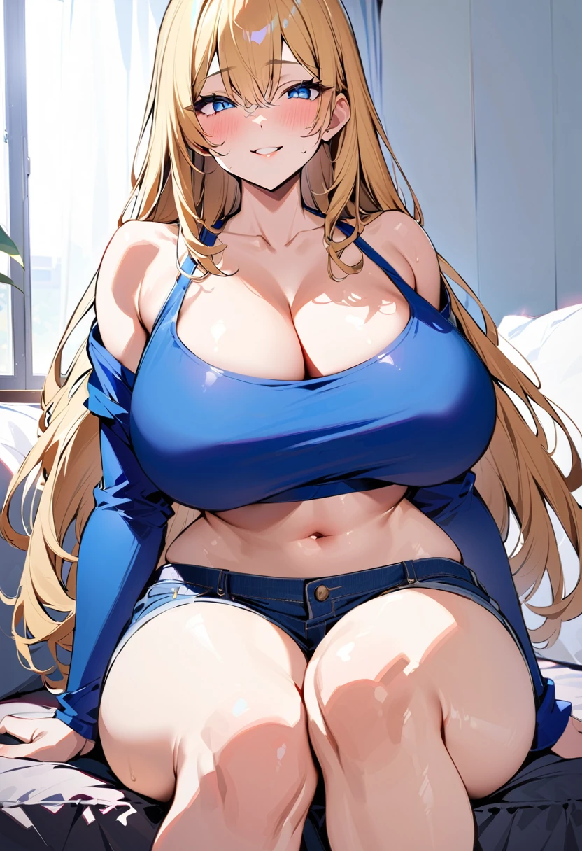 (masterpiece), Highest quality, Expressive eyes, Perfect Face, Huge breasts, Very curvaceous, Medium blonde hair, Bright Blue Eyes, Improve, Fuller lips, attractive, smile, at home, (Crop top, Off the shoulder: 1.2), (黒のsexyパンティ: 1.3), Cleavage, at home, Huge breasts, Wide Hips, sweating, 1 female, Sitting, sexy, To the audience, (sexyな花嫁衣装: 1.5)