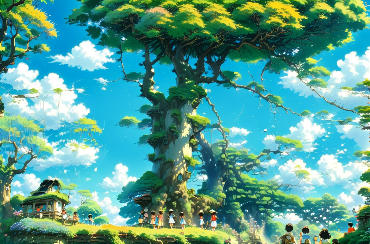 Boys and girls under the tree,Japanese manga style,Studio Ghibli,Hayao Miyazaki style,high saturation,rich details,