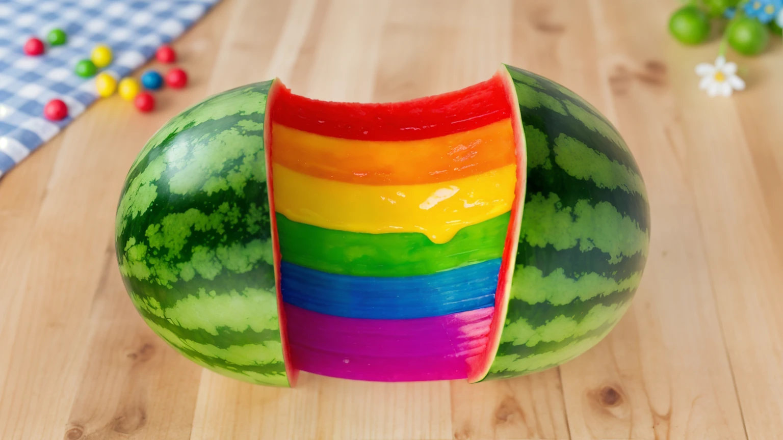 on a wooden table, Watermelon divided into two parts, Rainbow cream flows out of watermelon rind, bright lighting, Realistic style , realistic texture, detailed texture, a high resolution, high quality, macro photography