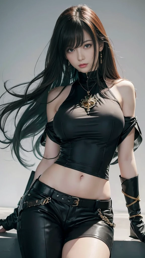Highest quality、masterpiece、8k、Realistic、超High resolution、Very delicate and beautiful、High resolution、Fantasy World、Muscle Girl、Big body、Thick muscular body、Beautiful woman、Mature Woman、Red hair、Unkempt long hair、Large Breasts、Big Breasts、Big Tits、Black military uniform、Tank top、I can see your belly、Black trousers、boots、Sit with your legs apart、Viewed from the front、Full body emphasis、Simple Background