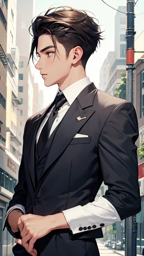 1 male, high quality, high fashion suit, clever, compassionate, bold. rubbiung back of his head, bashful