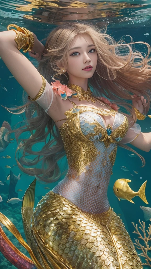 (((In the beautiful coral reef))), ((mermaid)), Masterpiece、Highest quality、8k 、Realistic,Highly detailed face、Highly detailed eyes、Highly detailed lips、(Cute Face),、Golden breastplate, Big Tits 1.6、Tight waist, Blonde、blue eyes, ((Detailed depiction of the golden scales below the navel)), ((Swim gracefully in the sea)), Holds a golden trident in his right hand, Place a golden tiara on your head, Wear a gold bracelet on your left wrist, Dynamic composition, ((Texture in the water))
