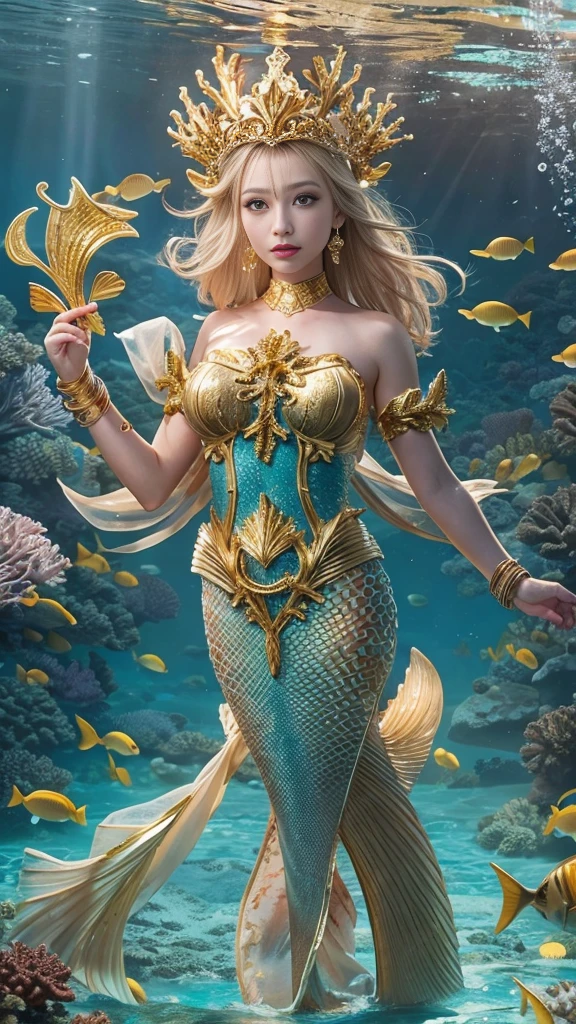 (((In the beautiful coral reef))), ((mermaid)), Masterpiece、Highest quality、8k 、Realistic,Highly detailed face、Highly detailed eyes、Highly detailed lips、(Cute Face),、Golden breastplate, Big Tits 1.6、Tight waist, Blonde、blue eyes, ((Detailed depiction of the golden scales below the navel)), ((Swim gracefully in the sea)), Holds a golden trident in his right hand, Place a golden tiara on your head, Wear a gold bracelet on your left wrist, Dynamic composition, ((Texture in the water))