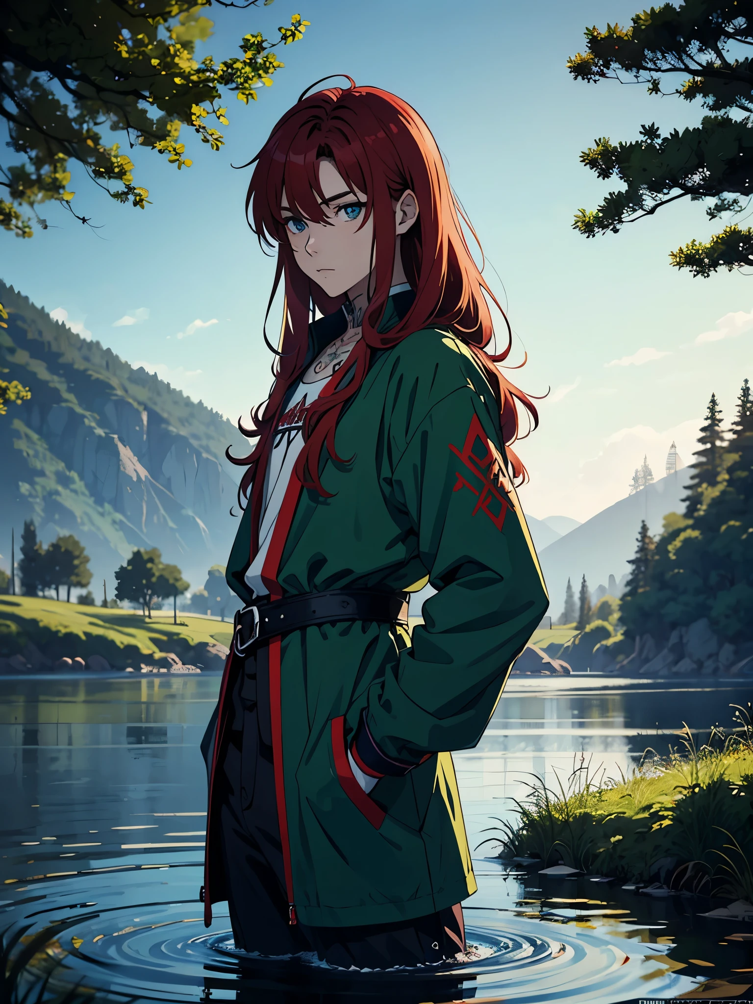 Runen magier. Runes. Runenschrift. Runen Tattoo. More anime style. blue flames. 2d. flatter. anime style. Green clothing. Viking clothing. soft. More anime. Standing in a lake. More anime. More 2d. Clean. More anime. 2d. Glow. Red hair. More anime. male. Long hair. long red hair. boy, vikings. red hair. Blue eyes. fire.