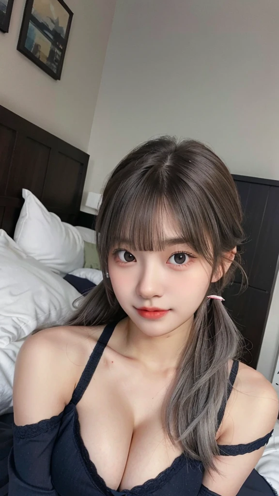 1 Girl, Beautiful, Baby Face, 20 Years Old, White Skin, Large Saggy Breasts, Cleavage, ((naked)), (Transculent), ((muscles:1.1)), ((bedroom )), Sexy Look, Girly Pose, Grey Hair Bangs, Silver Twintail, ((adorable:1.1)), ((masterpiece:1.1)), Cute Face, ((Nightly:1.3)), Black Coloured, Candid, off-shoulder bra, ((laying on the bed)), ((top view)), ((top angle))