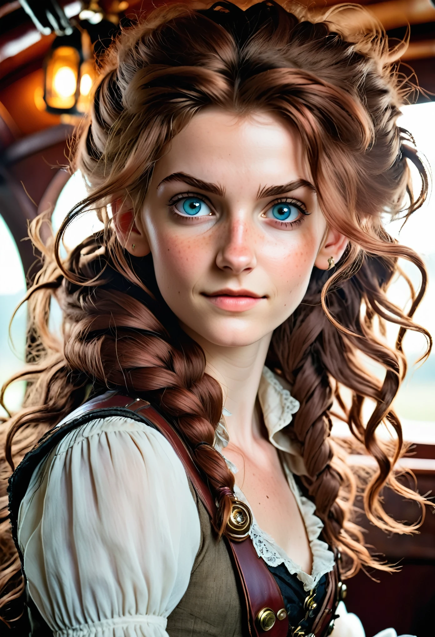 (editorial photography of Aerith Gainsborough), (highly detailed face:1.4), no close-up, (smile:0.4), (background inside dark, moody, private:1.3), steampunk pirate's airship, nikon d850, stock photography, kodak portra 400 film ,camera f1.6 lens, bokeh, analog style, rich colors, hyper realistic, lifelike texture, dramatic lighting, cinestill 800, messy hair, serious, (freckles:0.4), pale skin, cute sexy