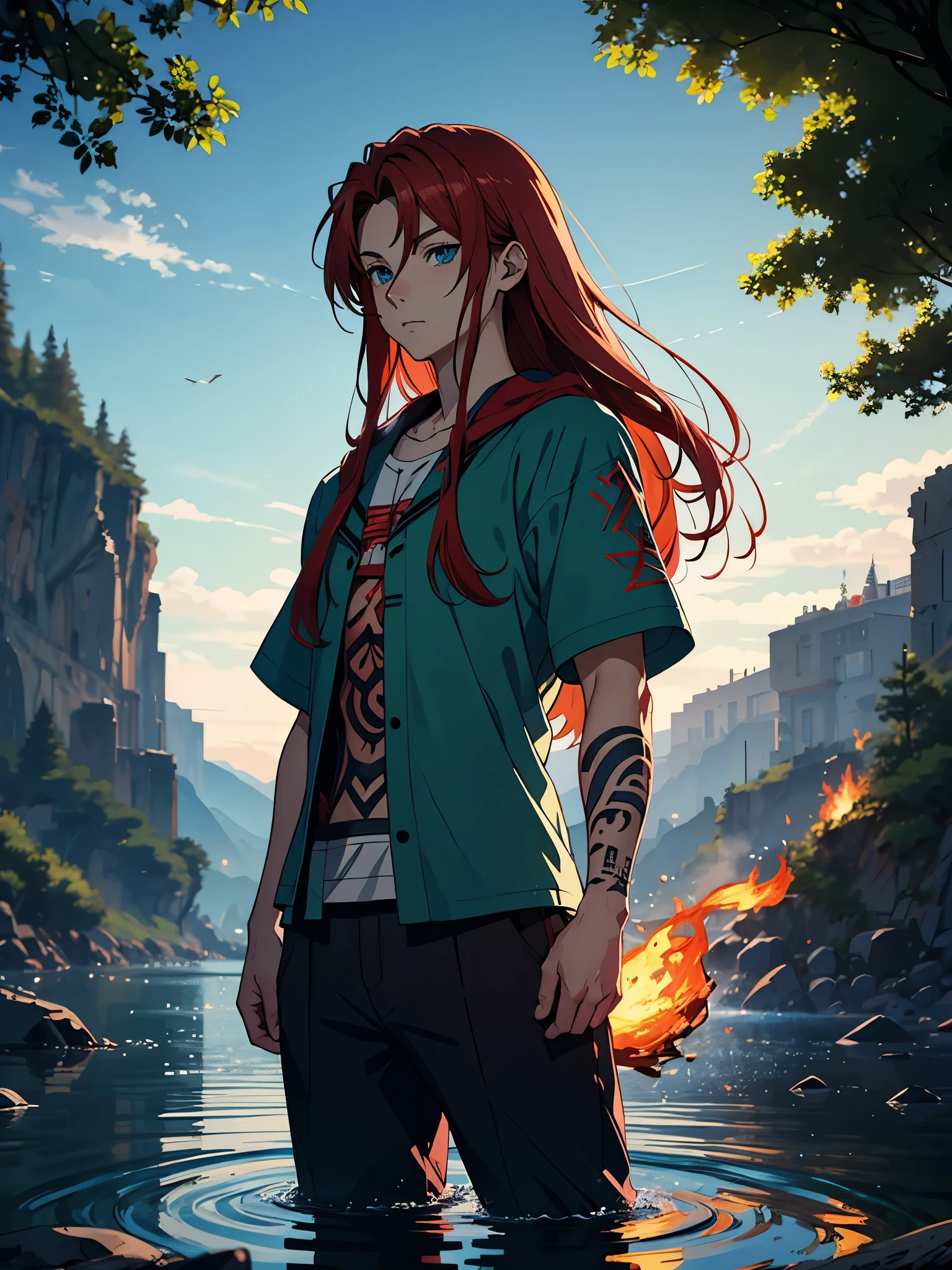 Runen magier. Runes. Runenschrift. Runen Tattoo. More anime style. blue flames. 2d. flatter. anime style. Green clothing. Viking clothing. soft. More anime. Standing in a lake. More anime. More 2d. Clean. More anime. 2d. Glow. Red hair. More anime. male. Long hair. long red hair. boy, vikings. red hair. Blue eyes. fire.