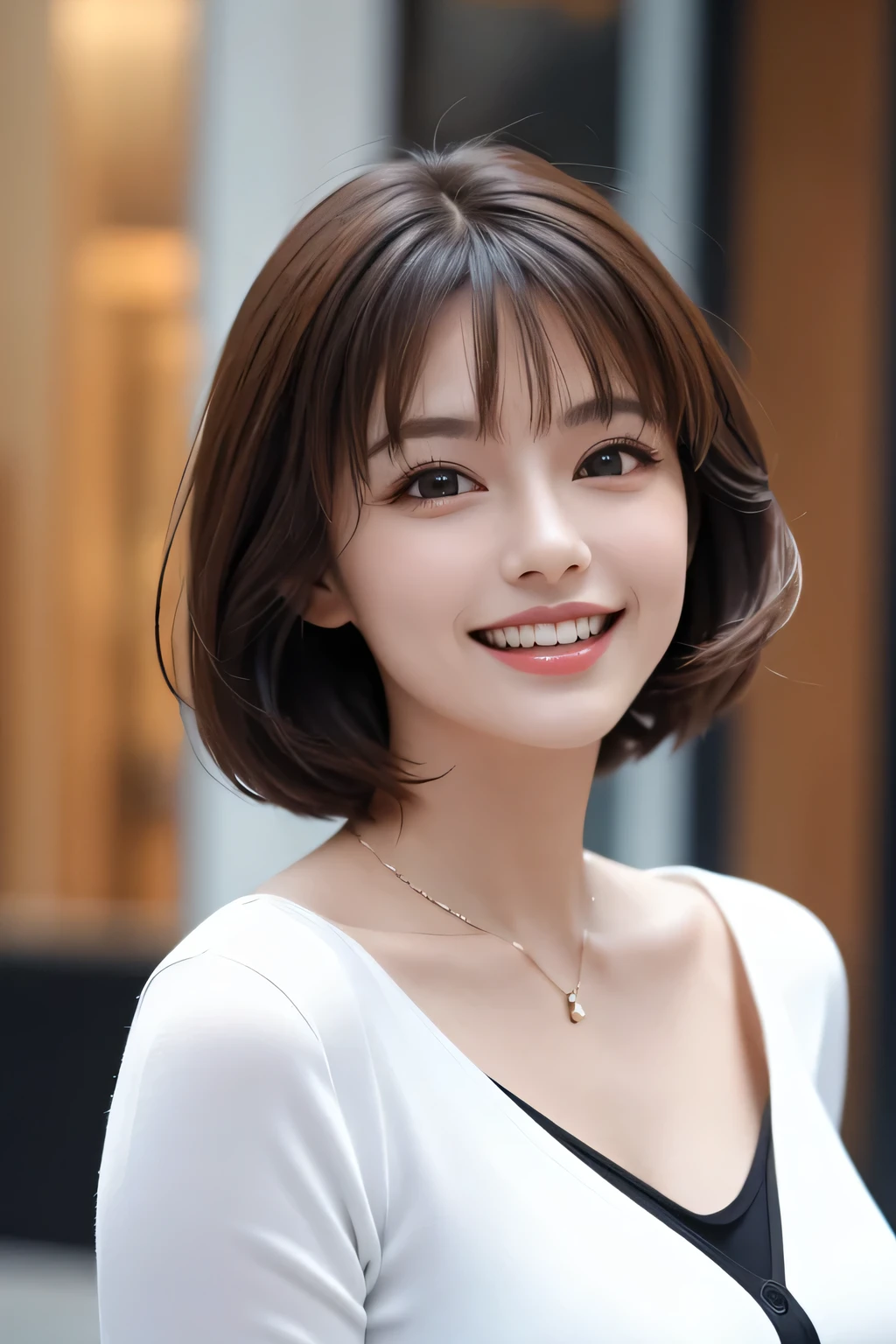((masterpiece)), ((Highest quality)), ((Complex)), ((Surreal)), (Realistic), (Mature Woman), ((No classes)), Very detailed, (1 female), Beautiful and exquisite, (Beautiful Teeth), Grin, Brunette Bob Hair, Brown eyes, ((blouse)), (Upper Body), (background:none), Perfect Eyes, Captivating eyes, Looking at the audience