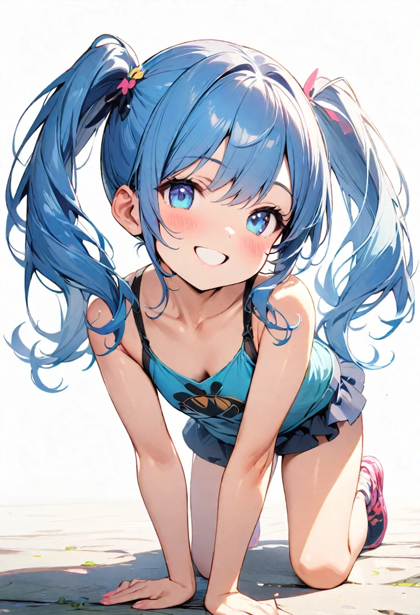 full body, (female): 1girl, (solo), (perfect face), (detailed outfit), (little girl), beautiful female, smile (happy), blue hair, long hair, twintails hair, blue eyes, (tank top,), (white background), (masterpiece:1.4), (best quality), (ultra-detailed)
