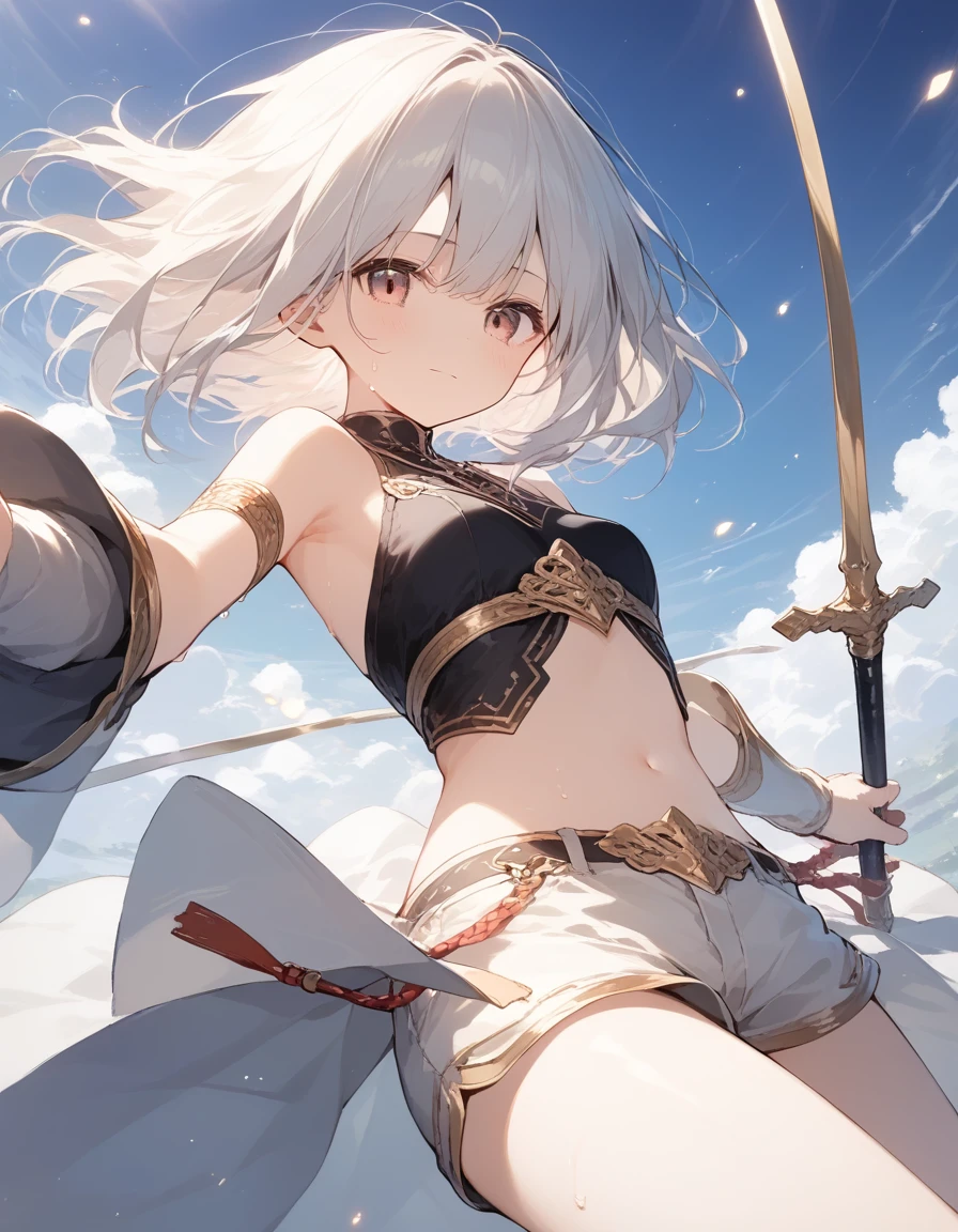 score_9, score_8_up, score_7_up, source_anime, best quality, masterpiece, official art, absurdres, highres, ultra-detailed,waifu2x,Collection: Slice of Life,break,1girl, knight, pale-skinned female, short hair, small breasts, beautiful detailed eyes, short shorts, sweat, closed mouth, clear face, battoujutsu stance,weapon, outdoors, wind,break,(clear line illustration:1.2), super detailed skin,very high resolution, very aesthetic, Best sexual lighting powered by famous artist, 8k,cute picture,beauty illustration,photoshop_(medium),,(Detailed Lighting),best anime 8k konachan wallpaper, pixiv contest winner, 