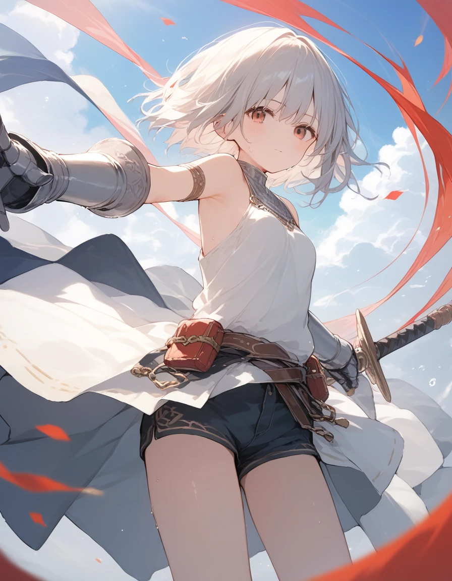 score_9, score_8_up, score_7_up, source_anime, best quality, masterpiece, official art, absurdres, highres, ultra-detailed,waifu2x,Collection: Slice of Life,break,1girl, knight, pale-skinned female, short hair, small breasts, beautiful detailed eyes, short shorts, sweat, closed mouth, clear face, battoujutsu stance,weapon, outdoors, wind,break,(clear line illustration:1.2), super detailed skin,very high resolution, very aesthetic, Best sexual lighting powered by famous artist, 8k,cute picture,beauty illustration,photoshop_(medium),,(Detailed Lighting),best anime 8k konachan wallpaper, pixiv contest winner, 