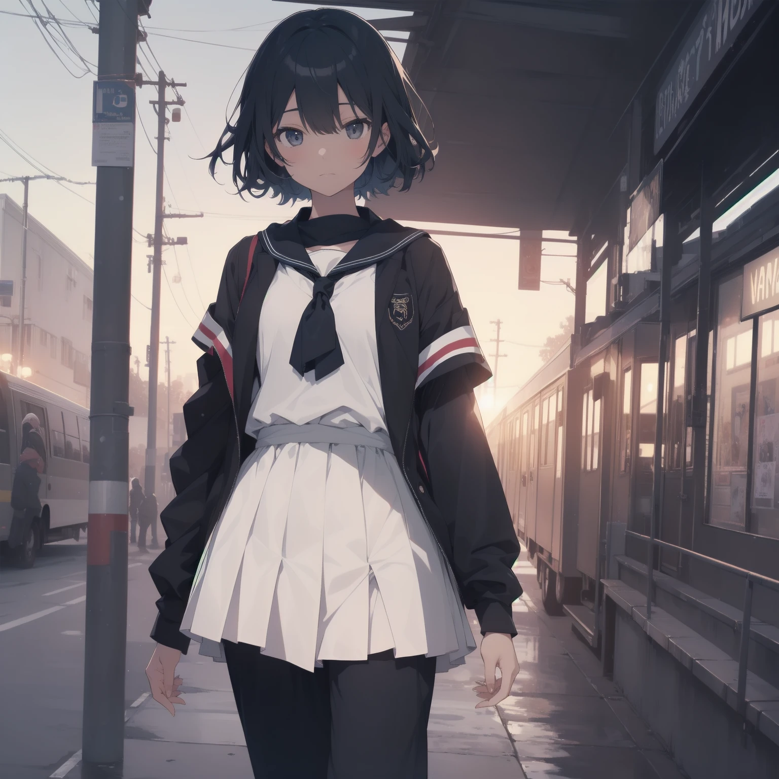 ultra-absurdres-Top quality by artist God, ultra-detailed, high resolution, anime moe artstyle, best anime 8k konachan wallpaper, pixiv contest winner, pool:2810, perfect anatomy,break, 1girl, (Please draw a girl walking sleepily to school alone. )break,(Solo,little female, 13-year-old:1.3),Full limbs, complete fingers,a junior high school student, (very short hair), short cut, flat chest, , small butt, small black eyes, beautiful detailed eyes, well-proportioned iris and pupils, expressive eyes, highres detailed hair, soft expression, salor school_uniform, sailor collar, serahuku, bow, pleated skirt,(Detailed Lighting), (Detailed background), in the School commute route. break,super detailed skin, Best cinematic lighting powered by famous artist, 8k,beauty illustration,photoshop_(medium),very aesthetic,break,((artist:yuuhagi_(amaretto-no-natsu) )), artist:clamp ,artist:carnelian ,artist:kantoku ,
