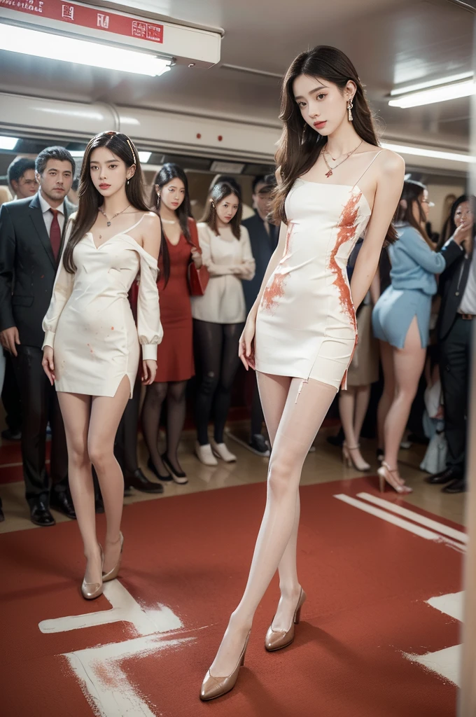 (((best quality))),(((ultra detailed))),(((masterpiece))),illustration,(a stunning girl,solo),(shoulder length straight hair:1.2),((earrings,necklace)),((slim,thin)),((small breasts,flat chest)),(slender legs:1.2),(nude pantyhose:1.3),(loafers:1.2),(standing:1.3), ((awkwardly,painful,embarrassed)),(In modern high-speed railway carriages:1.3),(white dress splattered with red paint stains:1.3),(surrounded by crowded crowds:1.3),((from front,full body,arms behind back))