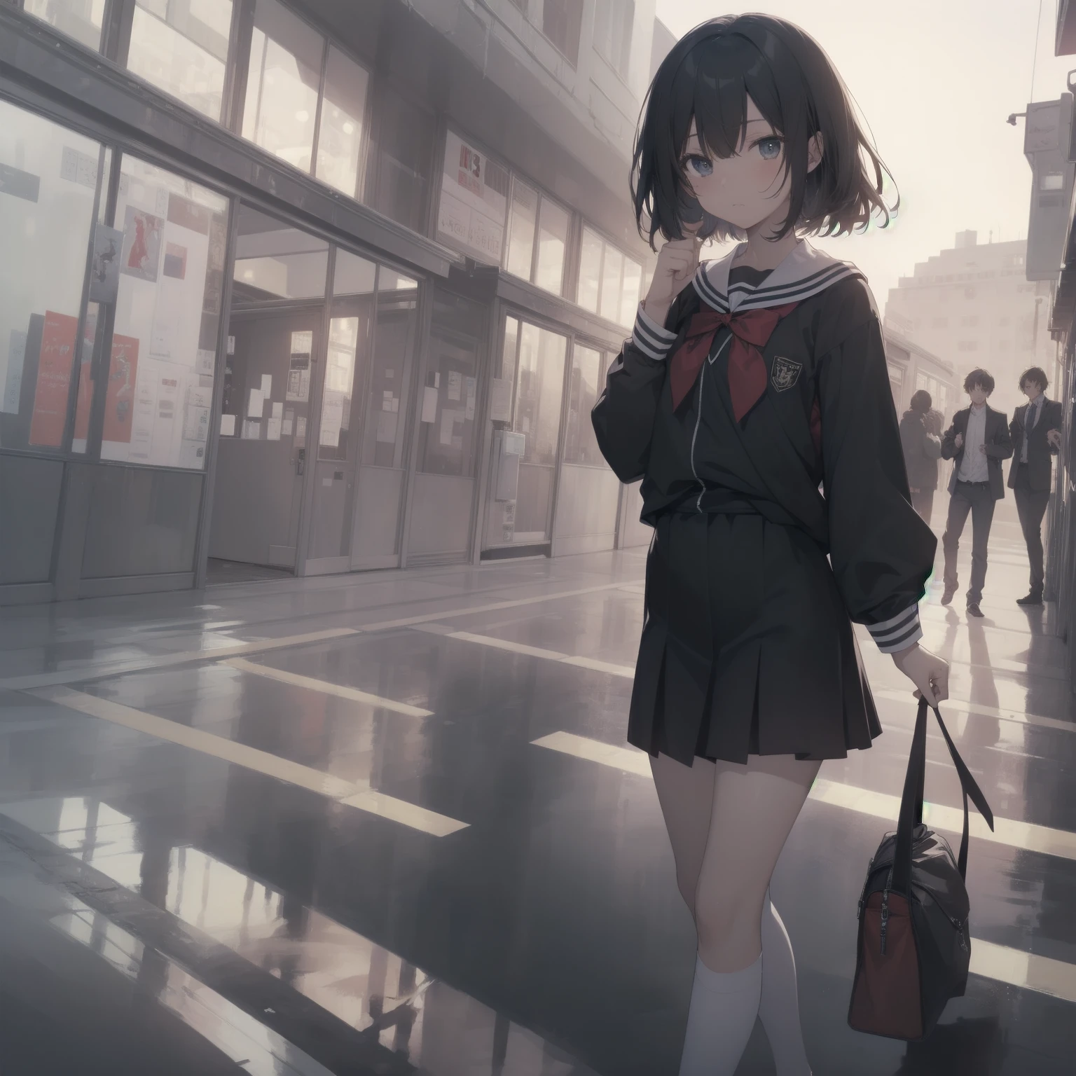 ultra-absurdres-Top quality by artist God, ultra-detailed, high resolution, anime moe artstyle, best anime 8k konachan wallpaper, pixiv contest winner, pool:2810, perfect anatomy,break, 1girl, (Please draw a girl walking sleepily to school alone. )break,(Solo,little female, -yeld:1.Full limbs, complete fingers,a junior hihort hair), short cut, flat chest, , small butt, small black eyes, beautiful detailed eyes, well-proportioned iris and pupils, expressive eyes, highres detailed hair, soft expression, salor school_uniform, sailor collar, serahuku, bow, pleated skirt,(Detailed Lighting), (Detailed background), in the School commute route. break,super detailed skin, Best cinematic lighting powered by famous artist, 8k,beauty illustration,photoshop_(medium),very aesthetic,break,((artist:yuuhagi_(amaretto-no-natsu) )), artist:clamp ,artist:carnelian ,artist:kantoku ,