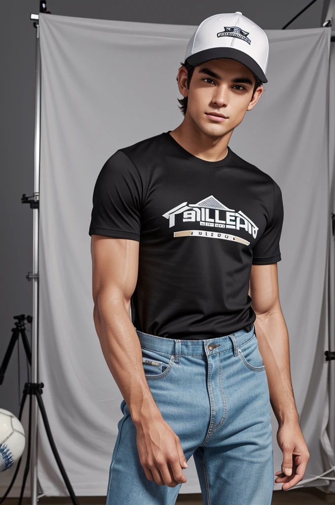 Generate a ultra fine realistic mockup of a Stanley Stella STTU755 t-shirt worn by a male model with baseball cap. The model should be standing in a casual pose, with the t-shirt clearly visible from the front. The t-shirt should be plain black without any prints, text or designs. The background should be simple and clear golfcourse. Ensure the lighting is perfect for an online shop, highlighting the t-shirt's details and fabric quality. The overall image should be clean and professional, focusing on the t-shirt and the model.