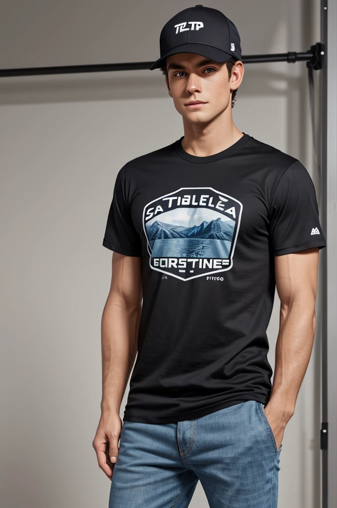 Generate a ultra fine realistic mockup of a Stanley Stella STTU755 t-shirt worn by a male model with baseball cap. The model should be standing in a casual pose, with the t-shirt clearly visible from the front. The t-shirt should be plain black without any prints, text or designs. The background should be simple and clear golfcourse. Ensure the lighting is perfect for an online shop, highlighting the t-shirt's details and fabric quality. The overall image should be clean and professional, focusing on the t-shirt and the model.