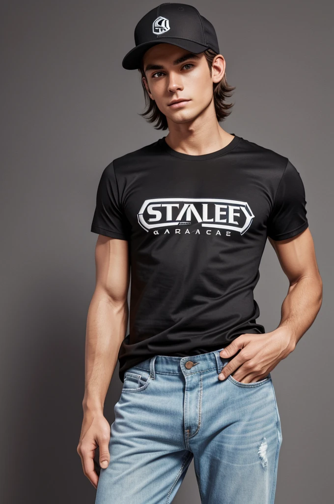 Generate a ultra fine realistic mockup of a Stanley Stella STTU755 t-shirt worn by a male model with baseball cap. The model should be standing in a casual pose, with the t-shirt clearly visible from the front. The t-shirt should be plain black without any prints, text or designs. The background should be simple and clear golfcourse. Ensure the lighting is perfect for an online shop, highlighting the t-shirt's details and fabric quality. The overall image should be clean and professional, focusing on the t-shirt and the model.