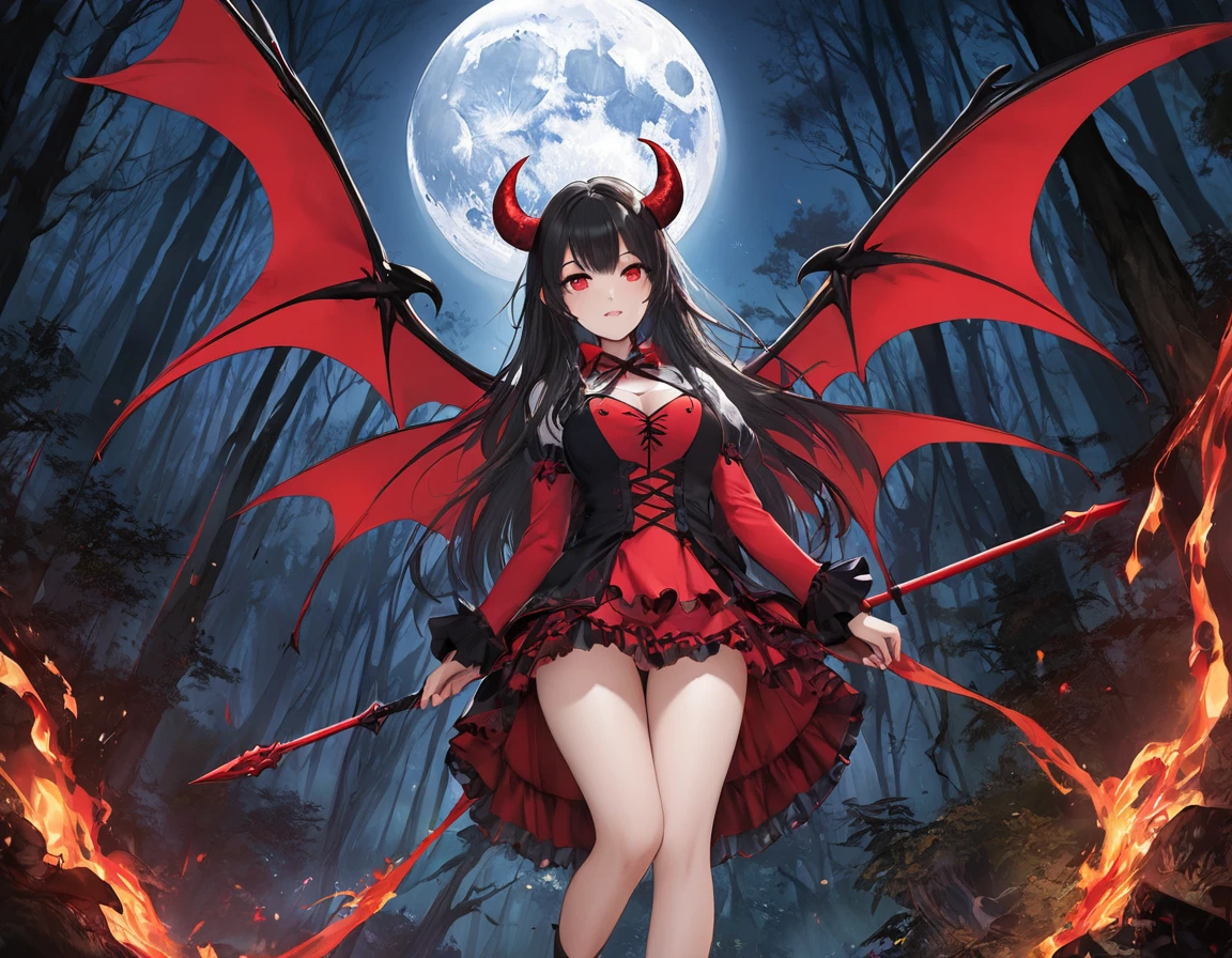 ( high quality , Super detailed, Watch your hands )、Fantasy、moon、Forest、One Woman、Daughter of the Devil&#39;s Descendants、pale skin、Obscene body type、Dark green long wavy hair、((Sheep&#39;s horns pointing downward from behind the ear))、Purple eyes、Large membrane wings from the waist、Succubus tail、Navy blue long dress、