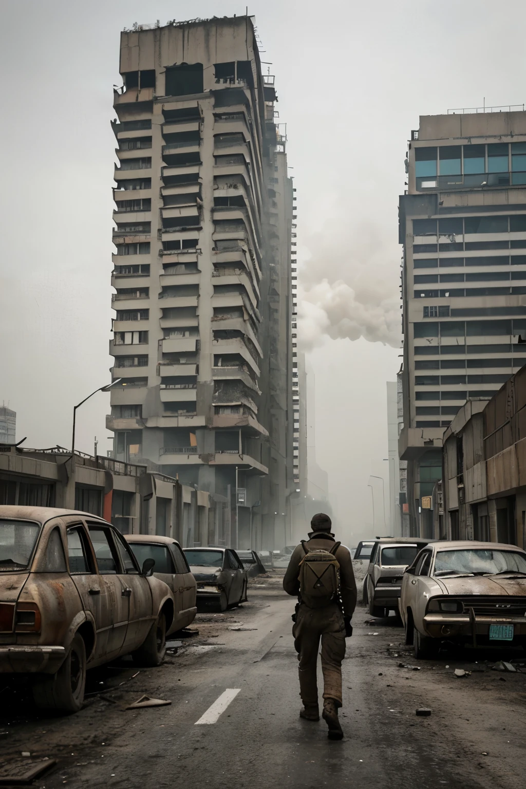 The apocalyptic city in, High-rise concrete building turned into ruins,Smoke rises, Dilapidated and crowded buildings, Together, Image taken at 200 meters, Looking down from above,A man wearing a gas mask、Ragged woman walking on a street, Gray sky, The city stretches to the horizon, Desolate and sad environment, kenopsia, Rusty and damaged cars on the street, as detailed as possible, Gray environment, Gray atmosphere, gray color buildings, Gray cloudy