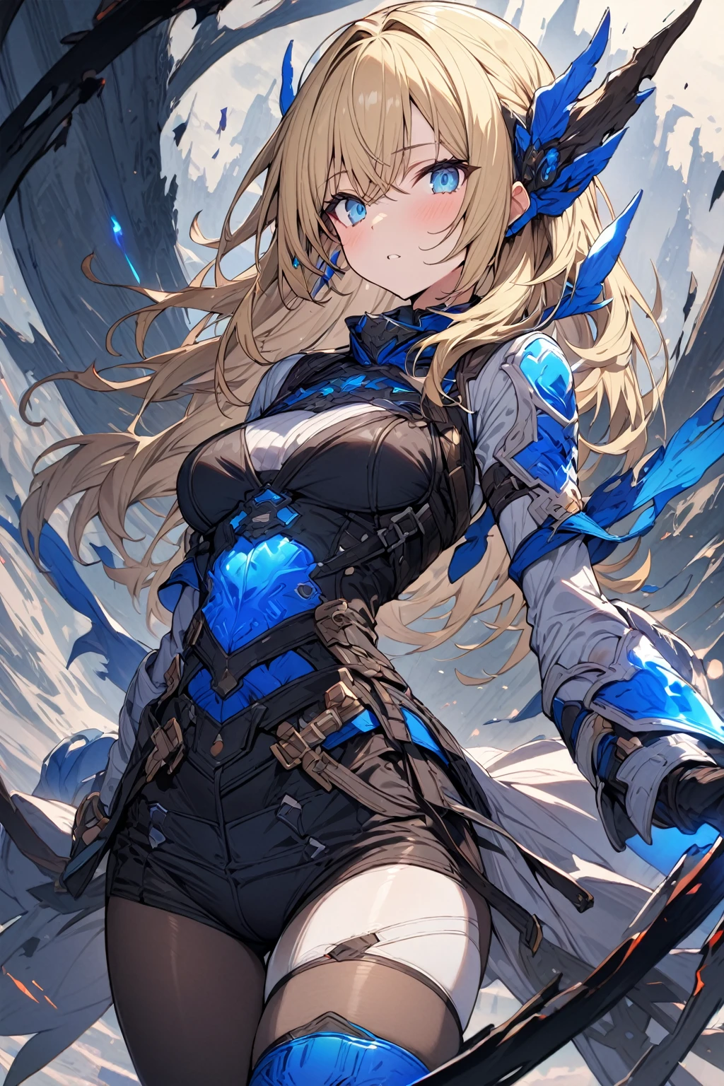 a handsome girl, solo, masterpiece, best quality, ultra detailed, blonde, blue bright eyes, bangs,
fantasy, fighter outfit, tights