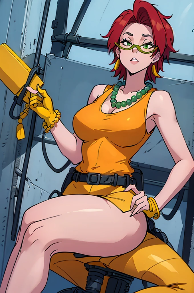 Janin, hot sexy female with red hair and green glasses, yellow bead necklace, yellow tank top, yellow stockings