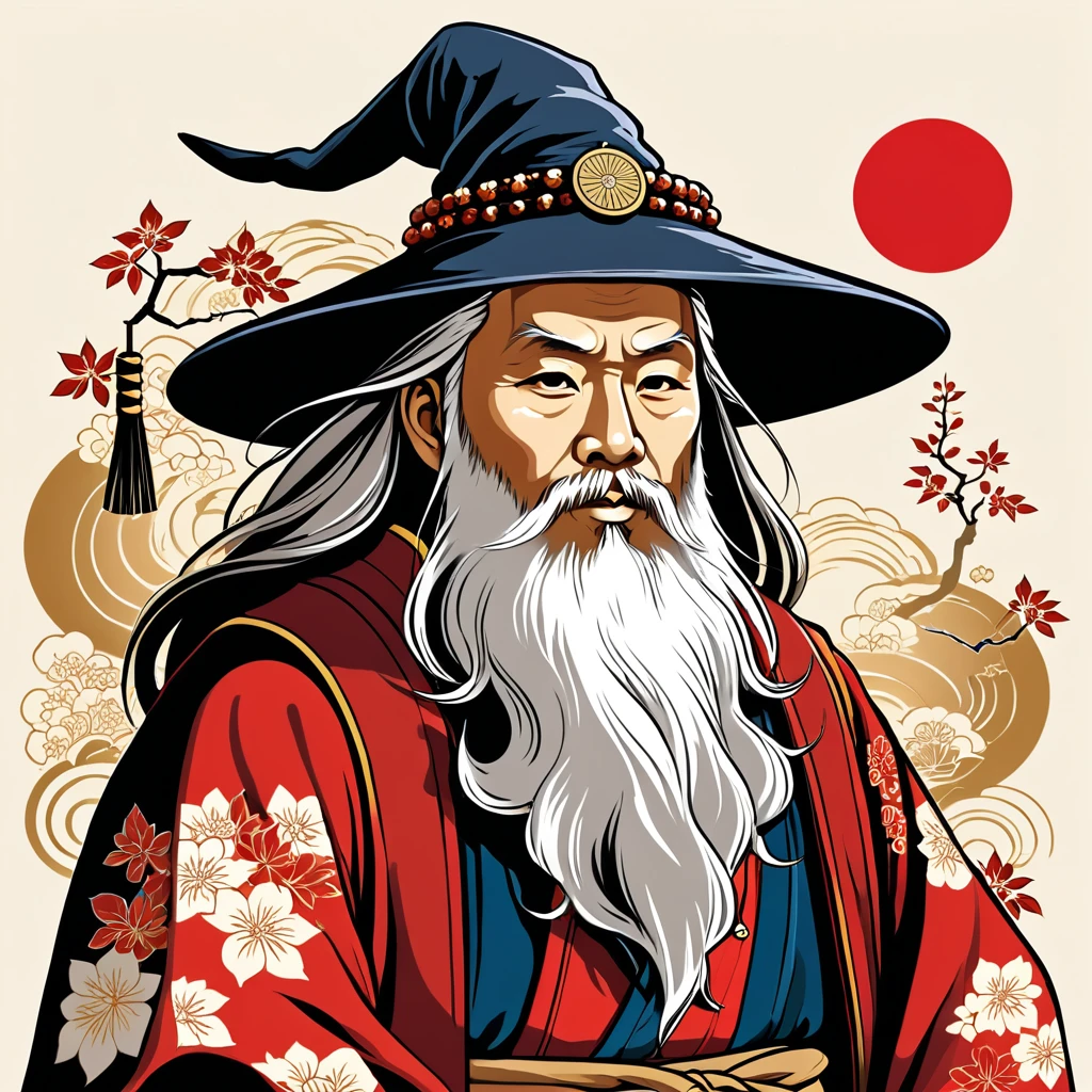 old wizard in japanese folk outfit, vector graphics, strong contours
