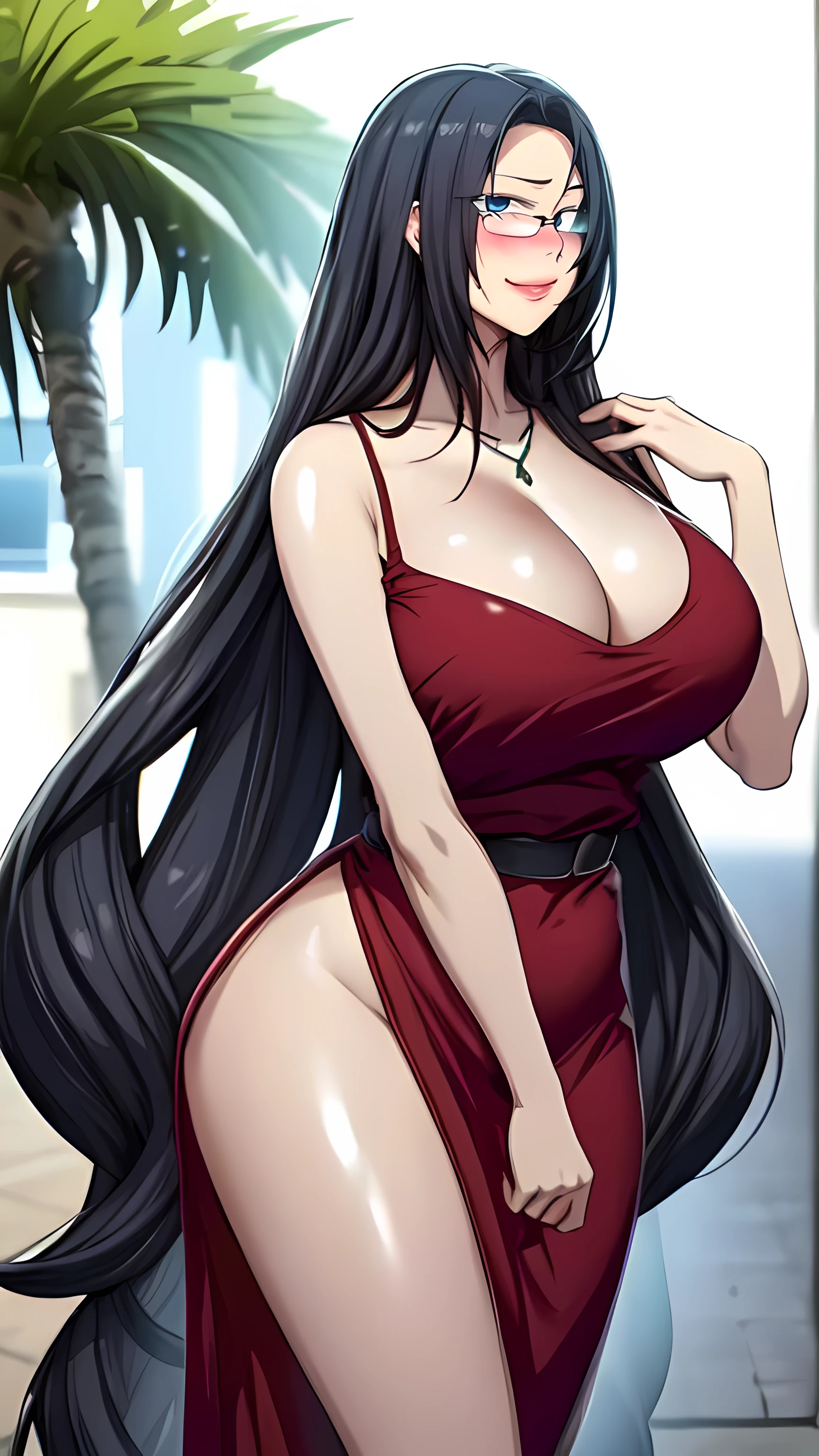 score_9, score_8_up, score_7_up, score_6_up, score_5_up, score_4_up, (8k, RAW photo, best quality, masterpiece:1.2), black hair, long hair, front view detailed body, long belly , Slender body, tight body , thicc, large breast , long thigh, Seoldef, black hair, black eyes, long hair, cleavage, 1girl, breasts, dress, solo, black_hair, necklace, jewelry, cleavage, large_breasts, tree, long_hair, blue_dress, outdoors, photo_background, palm_tree, realistic, day, full body