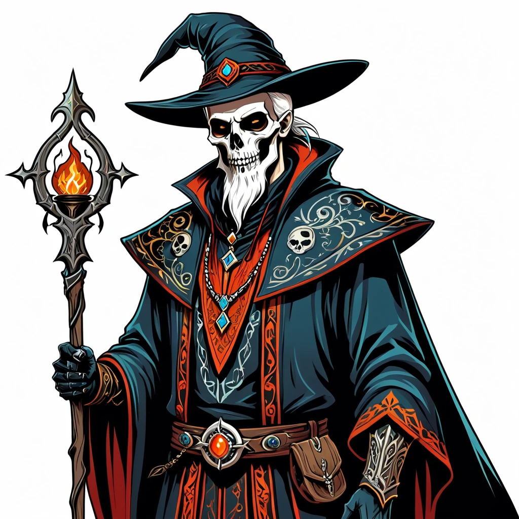 old necromancer in fantasy folk outfit, vector graphics, strong contours
