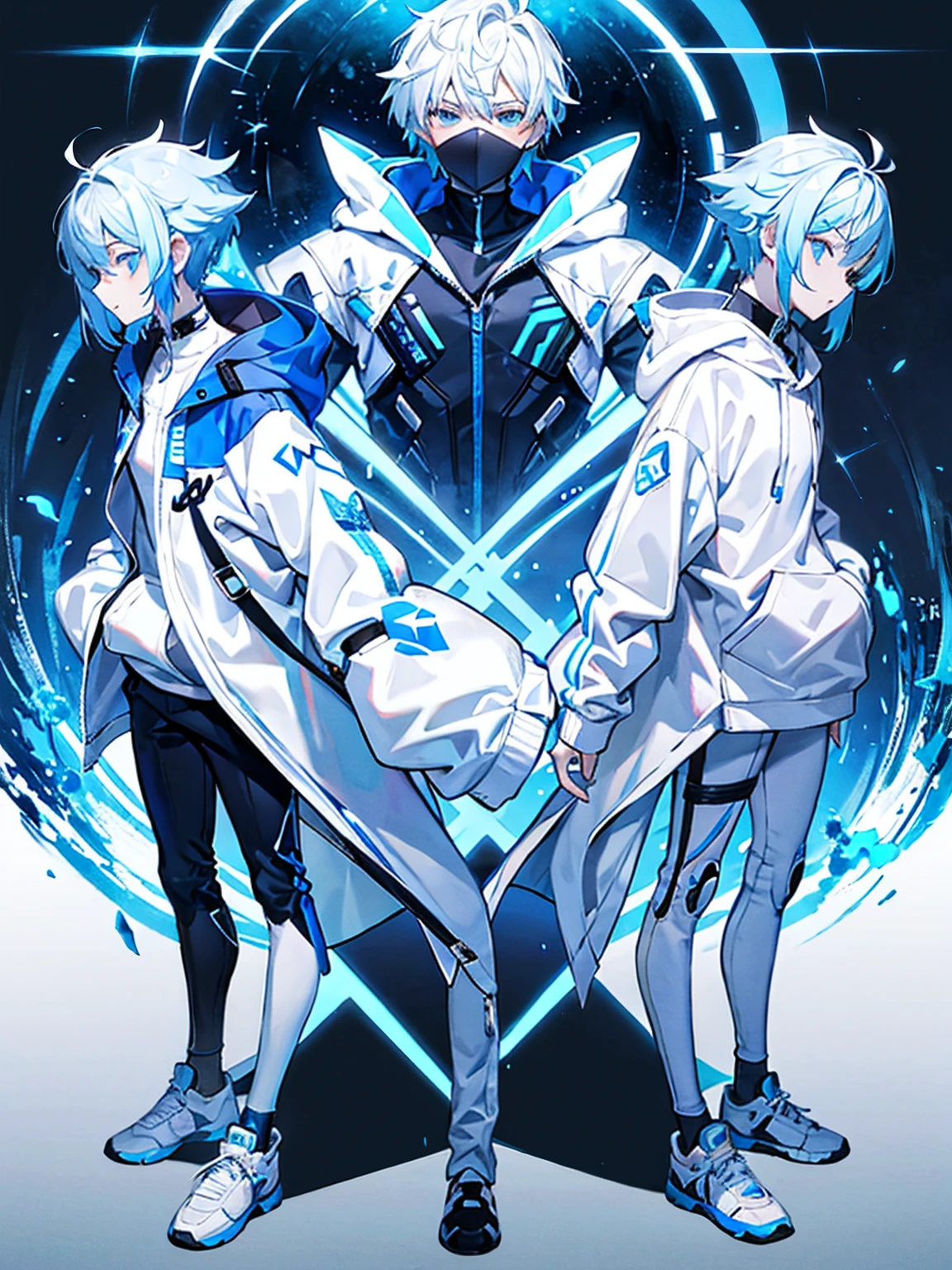 White zip hoodie、male、whole body、Front opening hoodie、Concept Art、Blue Hair、Background is white