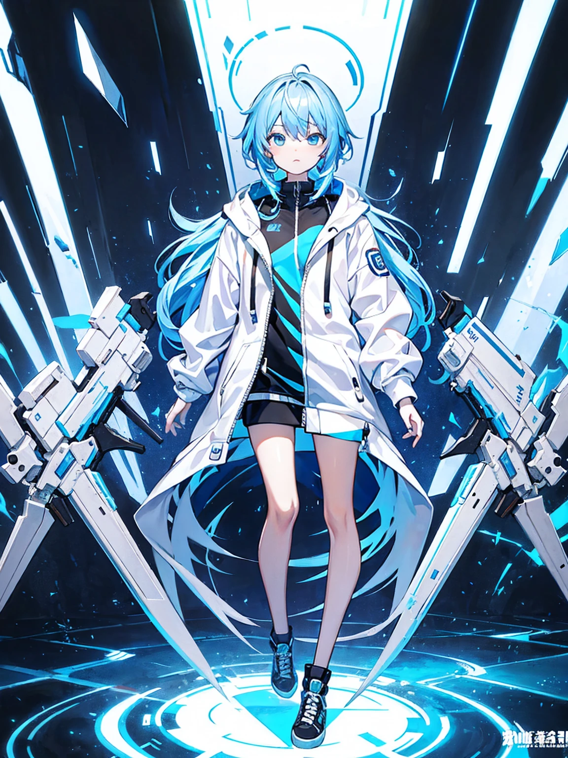 White zip hoodie、male、whole body、Front opening hoodie、Concept Art、Blue Hair、Background is white
