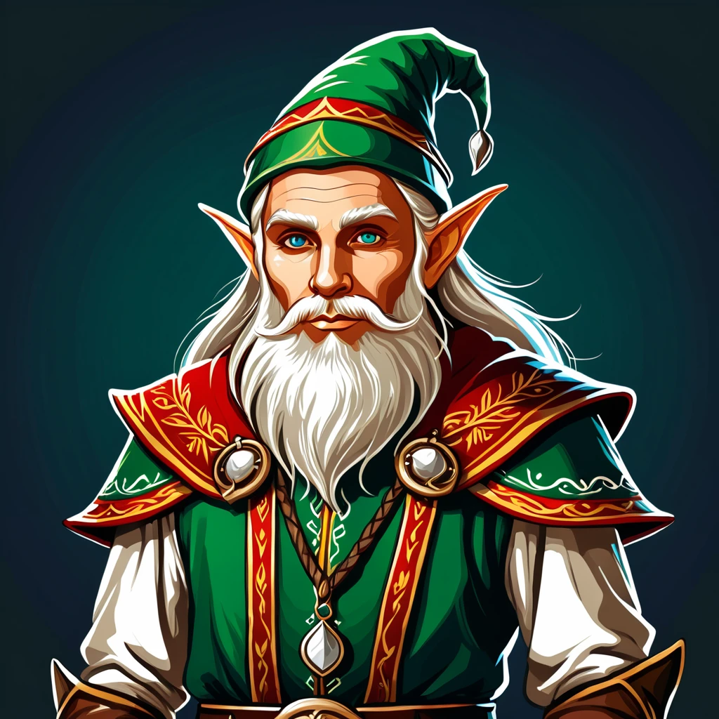 old elf in fantasy folk outfit, vector graphics, strong contours