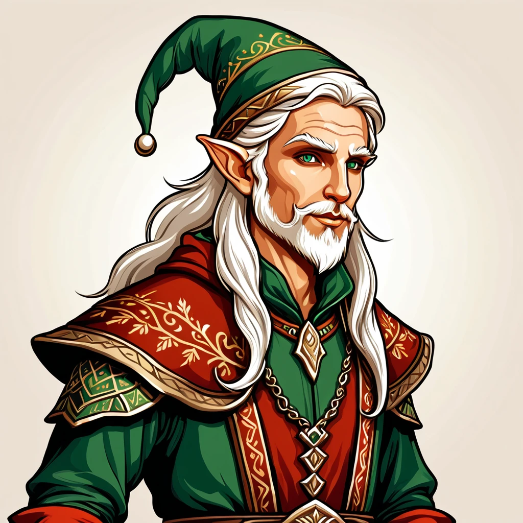 old elf in fantasy folk outfit, vector graphics, strong contours