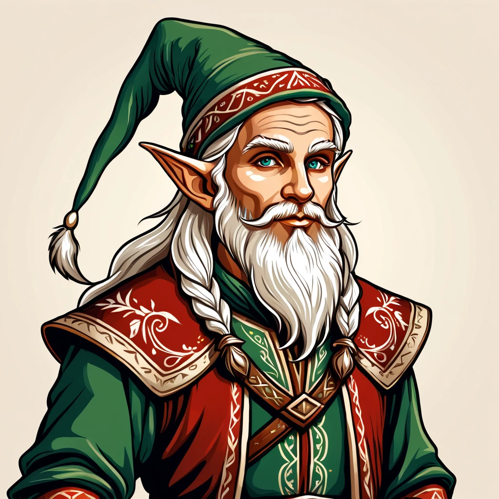 old elf in fantasy folk outfit, vector graphics, strong contours
