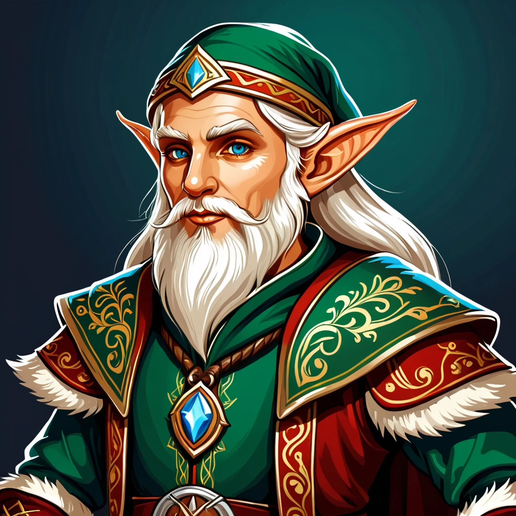 old elf in fantasy folk outfit, vector graphics, strong contours