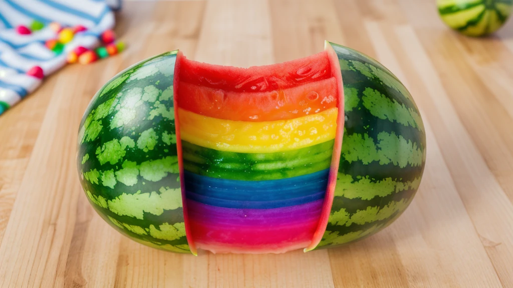 on a wooden table, Watermelon divided into two parts, Rainbow cream flows out of watermelon rind, bright lighting, Realistic style , realistic texture, detailed texture, a high resolution, high quality, macro photography 