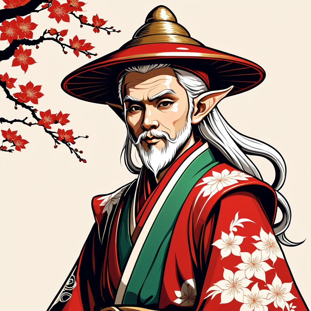 old elf in japanese folk outfit, vector graphics, strong contours