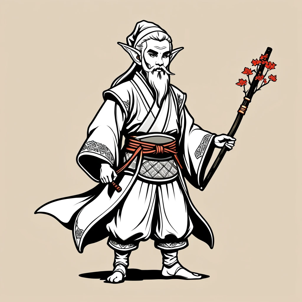 old elf in japanese folk outfit, vector graphics, strong contours
