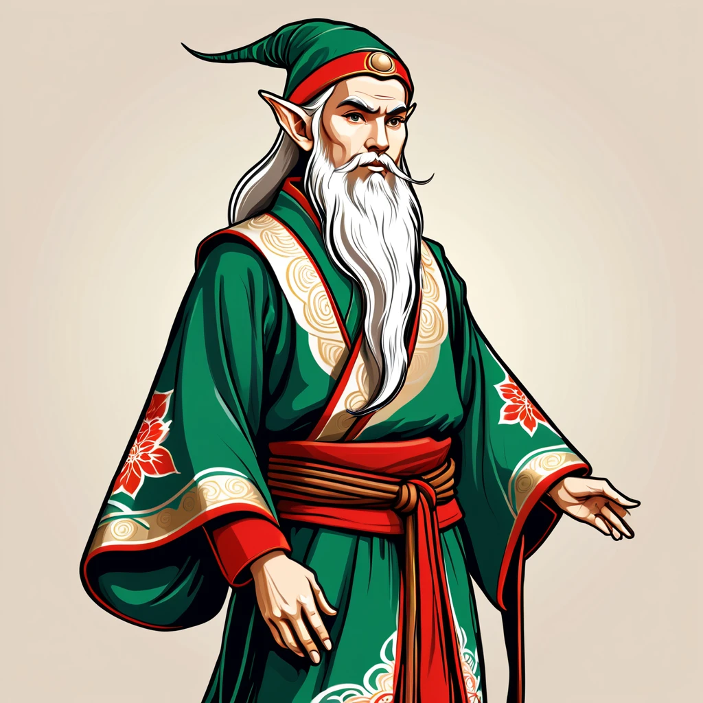old elf in japanese folk outfit, vector graphics, strong contours
