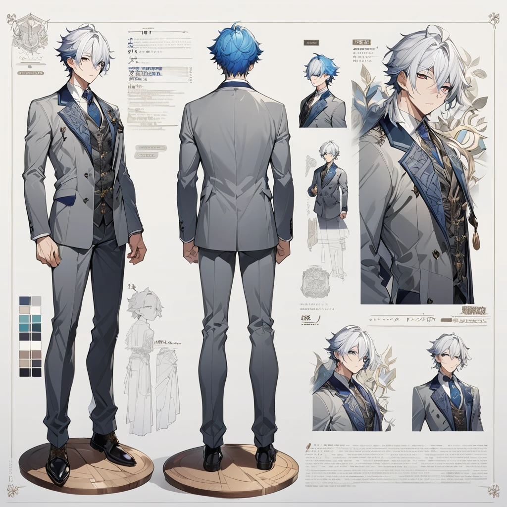 Grey suit、Blue Hair、((masterpiece, Highest quality)), male, maleの子, Detailed face, Character design sheet， Full Body, Full of details, Front view, Back view, Very detailed, depth, Many parts, maleの子 with white hair，Handsome, Scholar&#39;s outfit, 背の高いmale性、