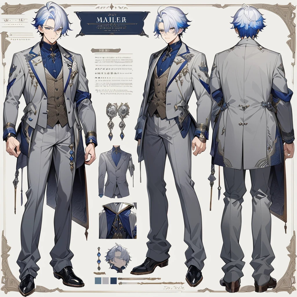 Grey suit、Blue Hair、((masterpiece, Highest quality)), male, maleの子, Detailed face, Character design sheet, Full Body, Full of details, Front view, Back view, Very detailed, depth, Many parts, maleの子 with white hair,Handsome, Scholar's outfit, 背の高いmale性、