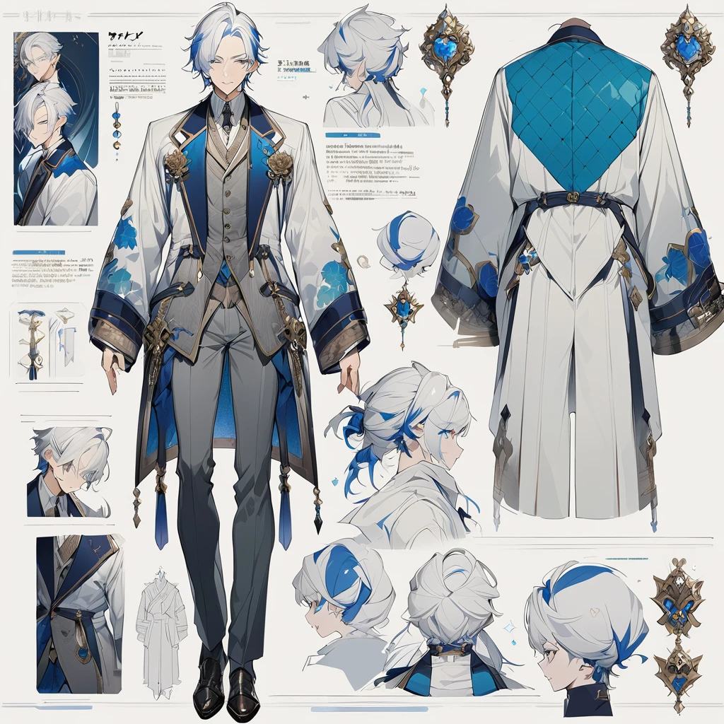 Grey suit、Blue Hair、((masterpiece, Highest quality)), male, maleの子, Detailed face, Character design sheet, Full Body, Full of details, Front view, Back view, Very detailed, depth, Many parts, maleの子 with white hair,Handsome, Scholar's outfit, 背の高いmale性、
