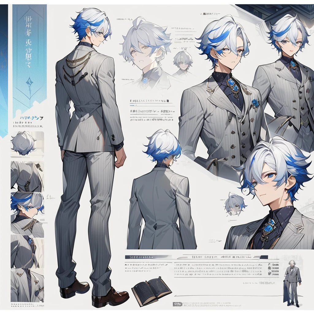 Grey suit、Blue Hair、((masterpiece, Highest quality)), male, maleの子, Detailed face, Character design sheet， Full Body, Full of details, Front view, Back view, Very detailed, depth, Many parts, maleの子 with white hair，Handsome, Scholar&#39;s outfit, 背の高いmale性、