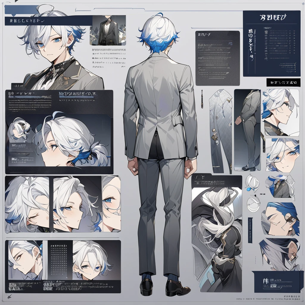 Grey suit、Blue Hair、((masterpiece, Highest quality)), male, maleの子, Detailed face, Character design sheet， Full Body, Full of details, Front view, Back view, Very detailed, depth, Many parts, maleの子 with white hair，Handsome, Scholar&#39;s outfit, 背の高いmale性、