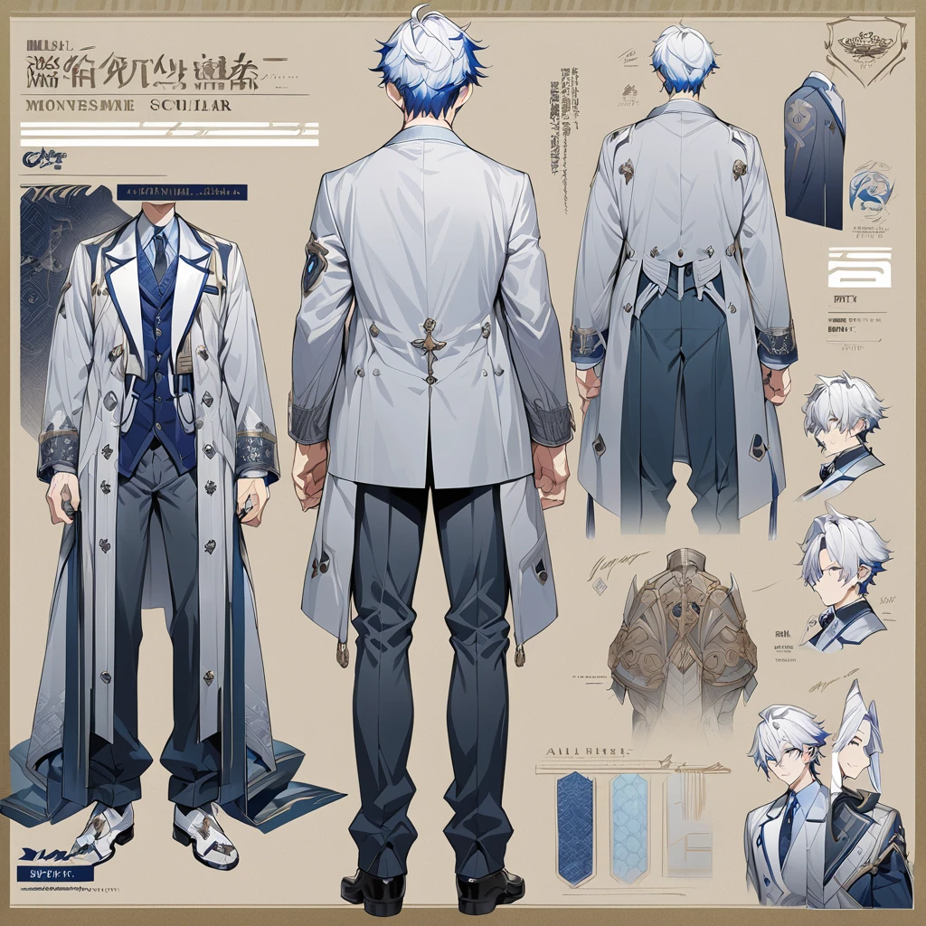 Grey suit、Blue Hair、((masterpiece, Highest quality)), male, maleの子, Detailed face, Character design sheet, Full Body, Full of details, Front view, Back view, Very detailed, depth, Many parts, maleの子 with white hair,Handsome, Scholar's outfit, 背の高いmale性、