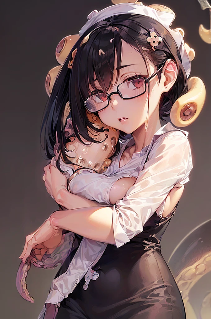 masterpiece, best quality,anime style, 1 girl,(((slender body))), (((small eyes,small breast,breast milk,breastfeeding a baby))),(((nurse uniform,glasses))),(((brown tentacles bound a girl))),((((cum)))), (beautiful face), (((short hair))), (((straight hair))), ((((((black hair,normal human hair,normal human ear)))))),detailed beautiful skin, (perfect hands, perfect anatomy)