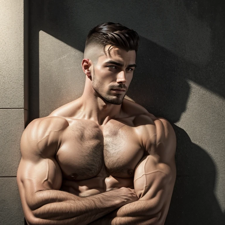 a very handsome man, mid fade haircut, massively muscular, shirtless, leaning against wall at night, close up