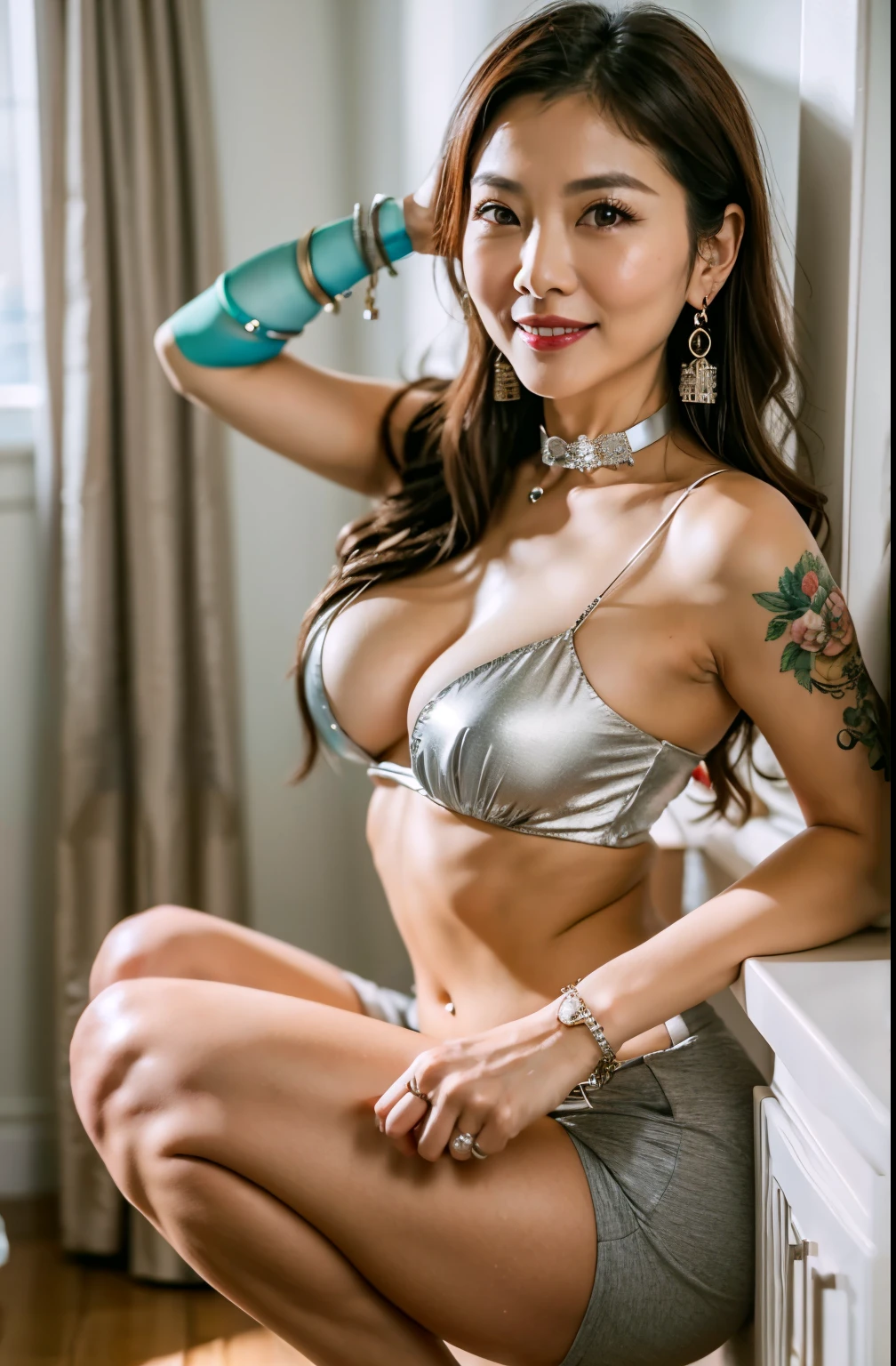 75 years old mom milf Chinese Lady large earring Big choker navel piercing decoration A bracelet Silver Hair realisitic Gorgeous Madame Beautiful Mature Woman sexly Smile Gentle woman navel piercing 4K High quality gorgeous madam beautiful mature woman From the side squat